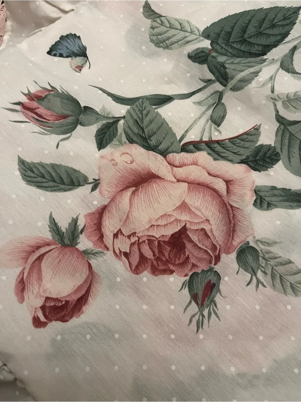 Cream Floral Rose Ruffle Pillowsham with Butterflies